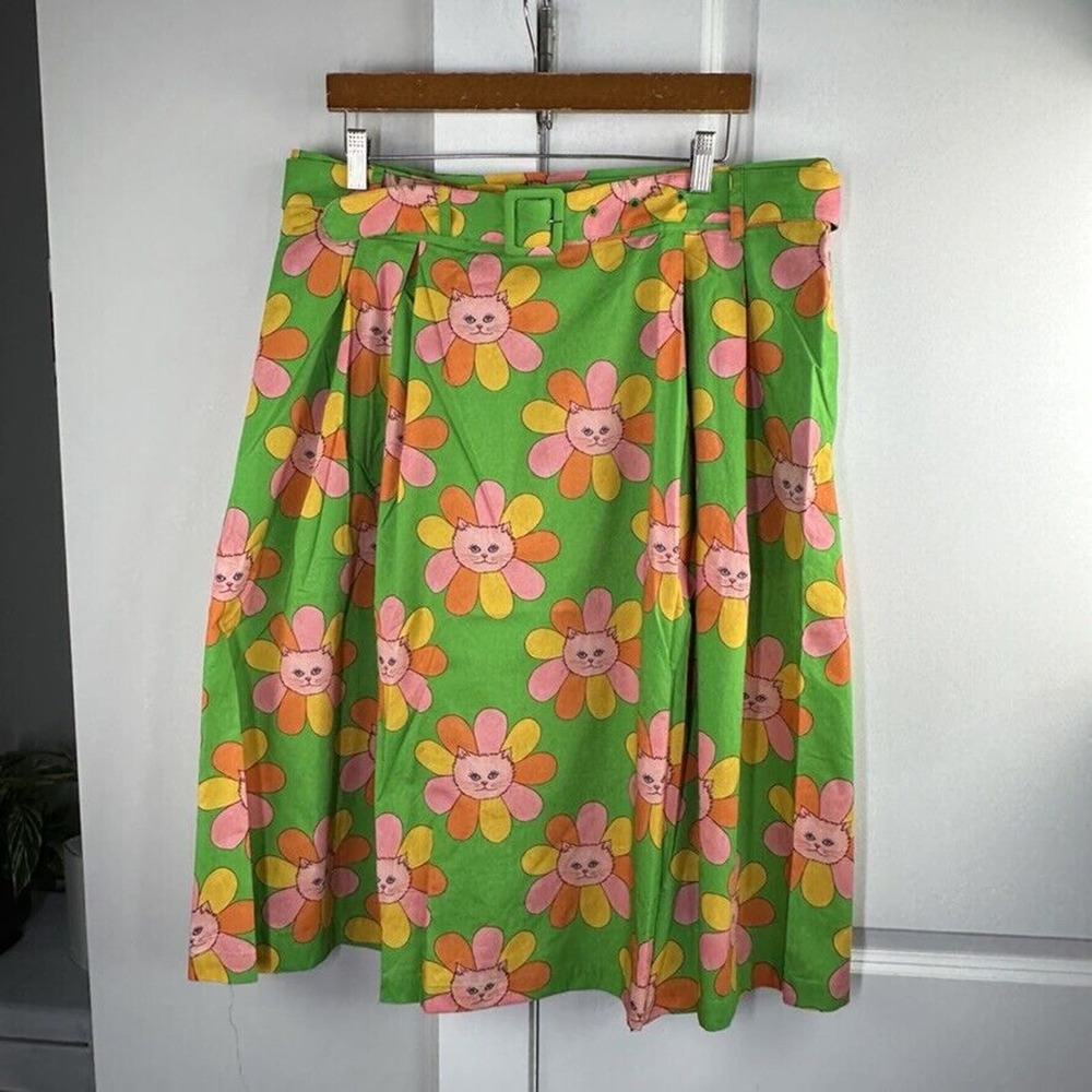 ModCloth Marisol Miro Properly A-line Skirt Flower Kitty Cat Size  12 NWOT